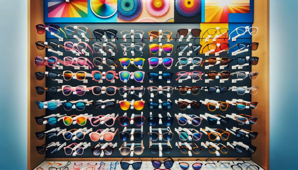 A colorful display showcasing a wide variety of eyeglass frames and sunglasses available at Walmart, highlighting the diverse styles and colors to suit every taste.
