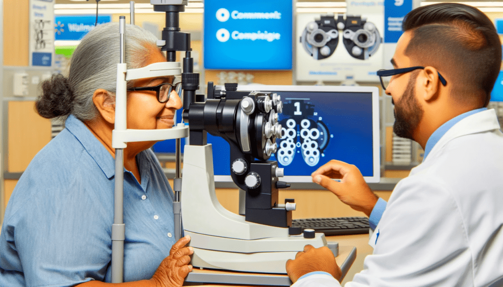 An optometrist at a Walmart Vision Center is shown using sophisticated eye examination equipment on a patient, demonstrating the advanced technology utilized to ensure accurate and thorough eye assessments.